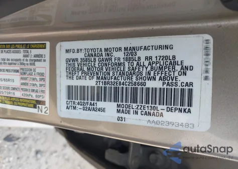 2004 Toyota Corolla Le из США, поврежденный, VIN 2T1BR32E84C258660